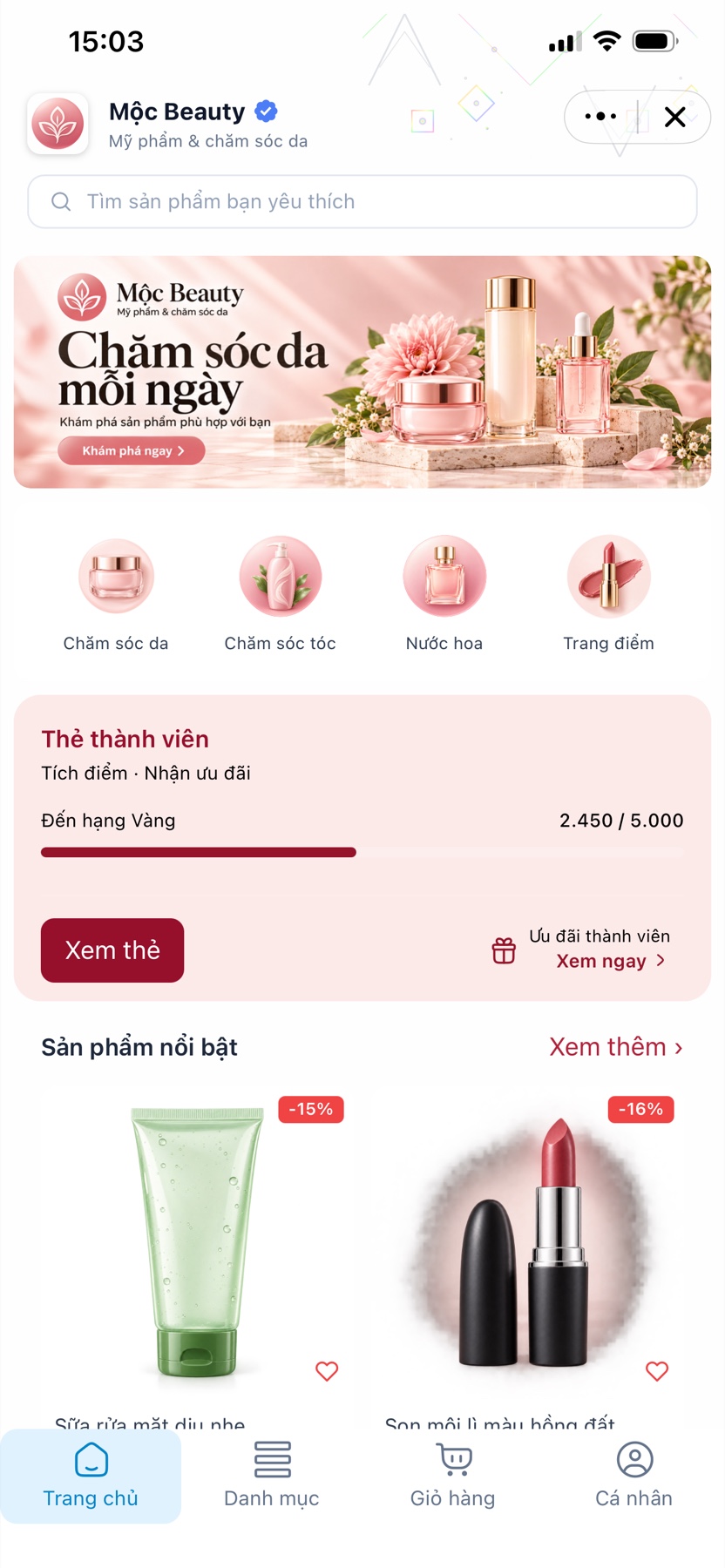 Giao diện Mini App mẫu [T38] Bán lẻ (Mỹ phẩm - Mộc Beauty)