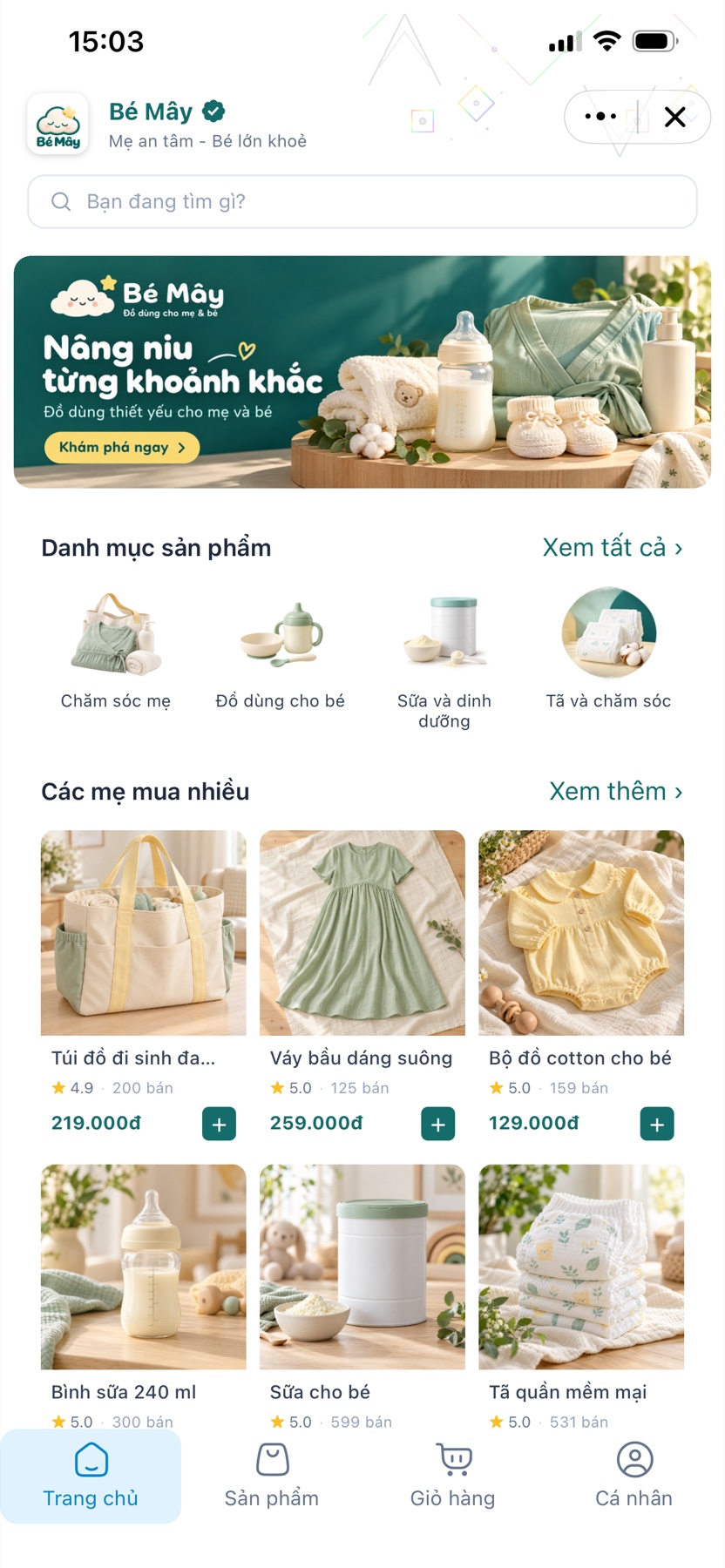 Giao diện Mini App mẫu [T39] Mẹ và bé (Bé Mây Shop)