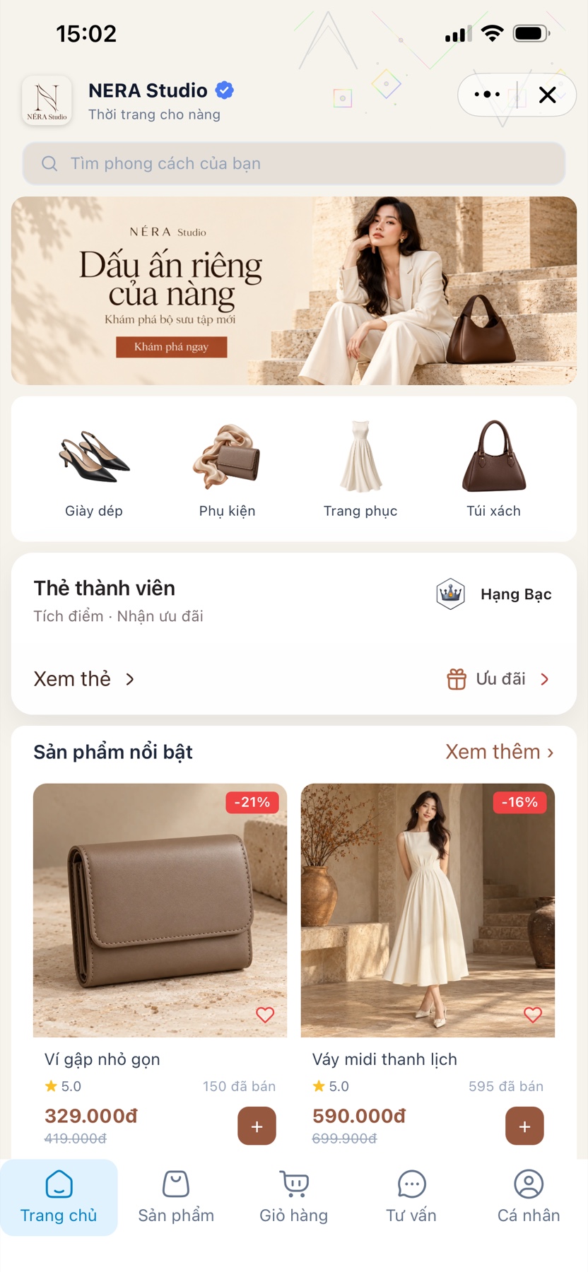 Giao diện Mini App mẫu [T40] Bán lẻ (Thời trang nữ - NERA Studio)